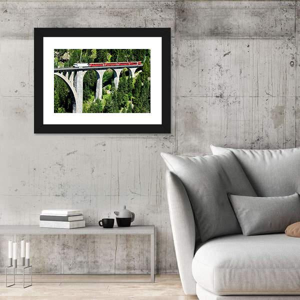 Swiss Train On Very High Bridge Near Wiesen Switzerland Canvas Wall Art-3 Horizontal-Gallery Wrap-25" x 16"-Tiaracle