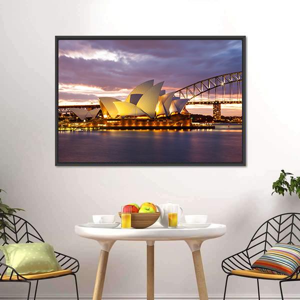 Sydney Opera House At Dusk Canvas Wall Art-3 Horizontal-Gallery Wrap-25" x 16"-Tiaracle