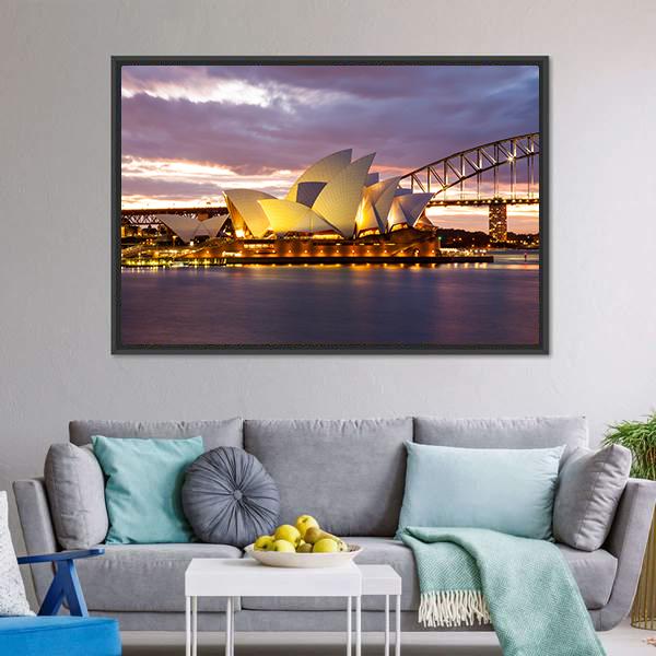 Sydney Opera House At Dusk Canvas Wall Art-3 Horizontal-Gallery Wrap-25" x 16"-Tiaracle
