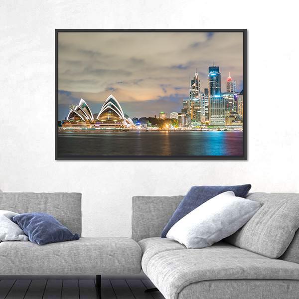 Sydney Skyline At Dusk Canvas Wall Art-3 Horizontal-Gallery Wrap-25" x 16"-Tiaracle