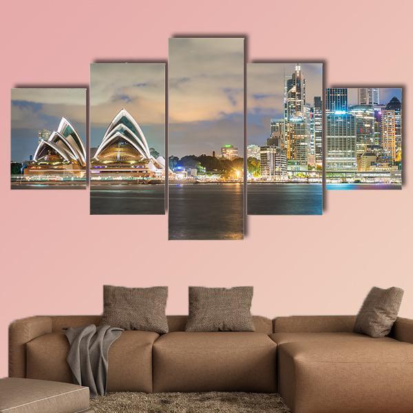 Sydney Skyline At Dusk Canvas Wall Art-5 Star-Gallery Wrap-62" x 32"-Tiaracle