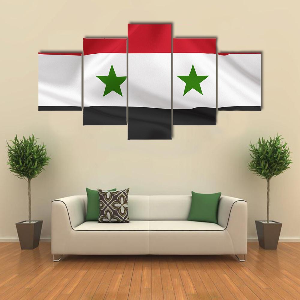 Syria Flag On Waving Silk Canvas Wall Art-5 Star-Gallery Wrap-62" x 32"-Tiaracle