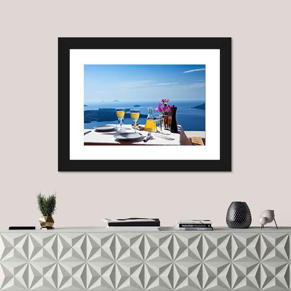 Table Above Sea In Santorini Island Canvas Wall Art-1 Piece-Framed Print-20" x 16"-Tiaracle