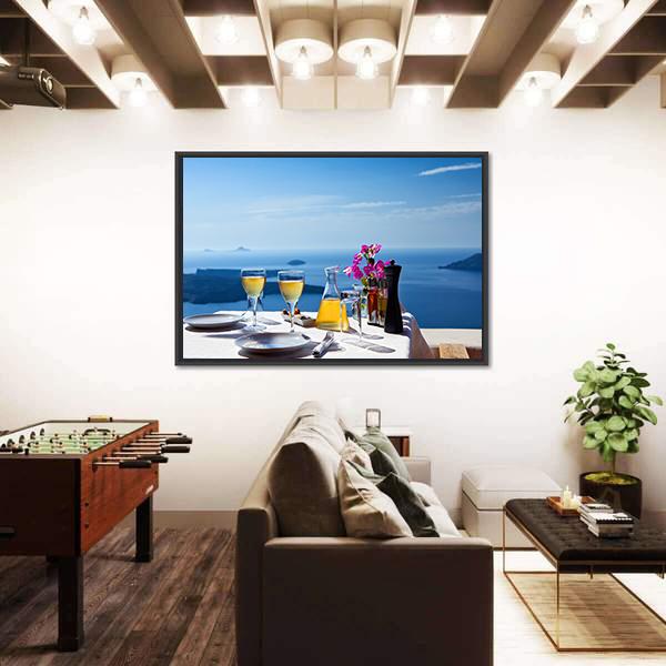 Table Above Sea In Santorini Island Canvas Wall Art-3 Horizontal-Gallery Wrap-25" x 16"-Tiaracle