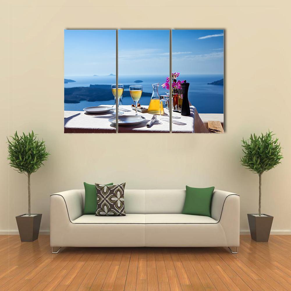 Table Above Sea In Santorini Island Canvas Wall Art-3 Horizontal-Gallery Wrap-37" x 24"-Tiaracle