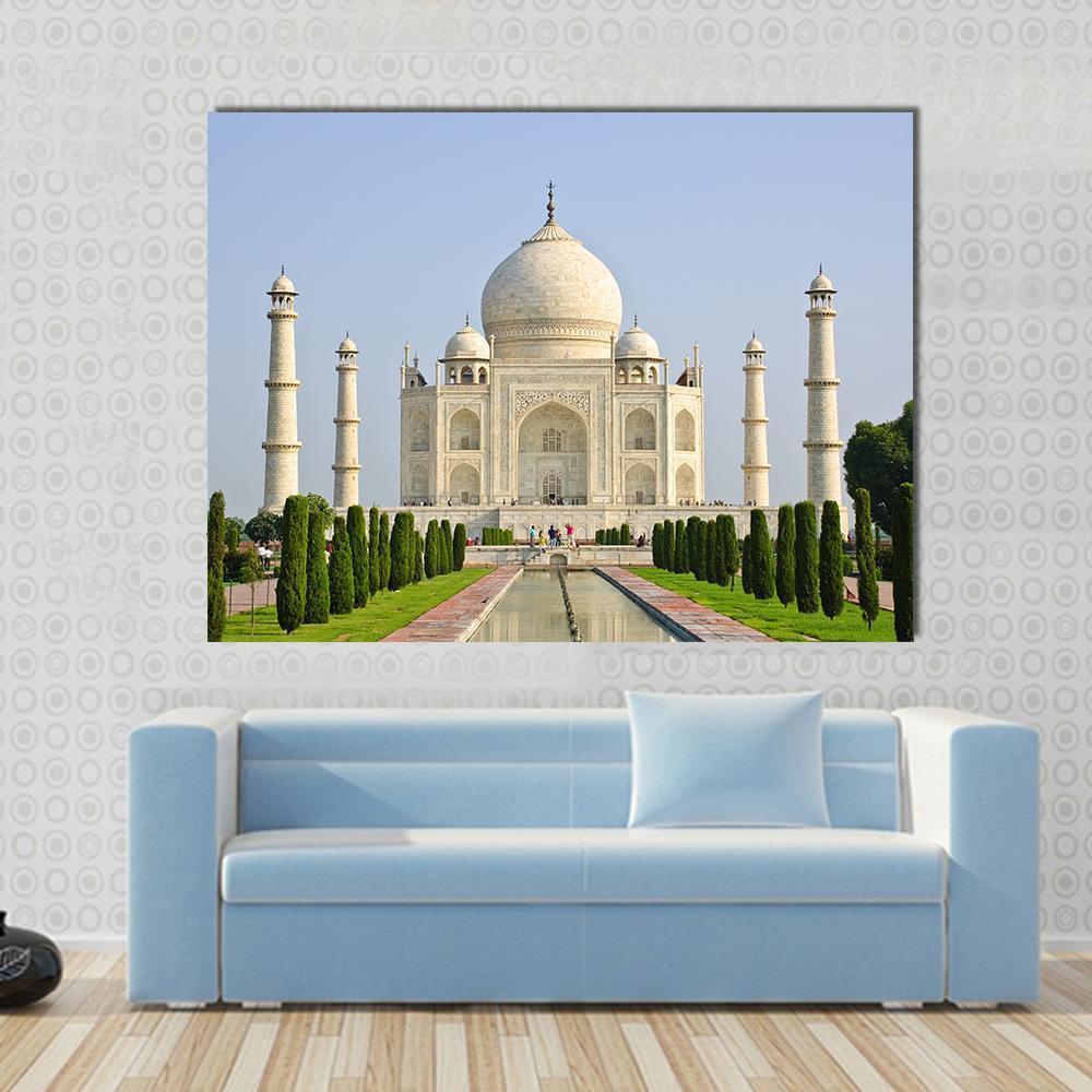 Taj Mahal Faces Green Lawn Canvas Wall Art-1 Piece-Gallery Wrap-48" x 32"-Tiaracle