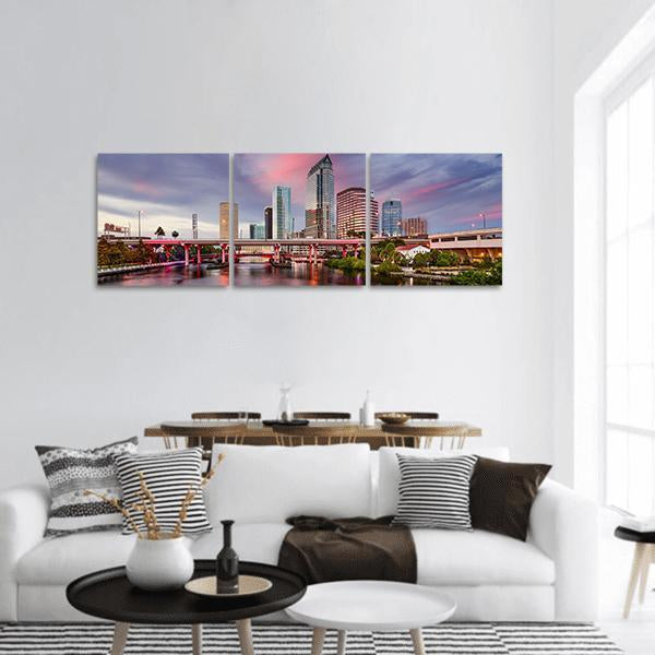Tampa Downtown City Skyline In Florida Panoramic Canvas Wall Art-3 Piece-25" x 08"-Tiaracle