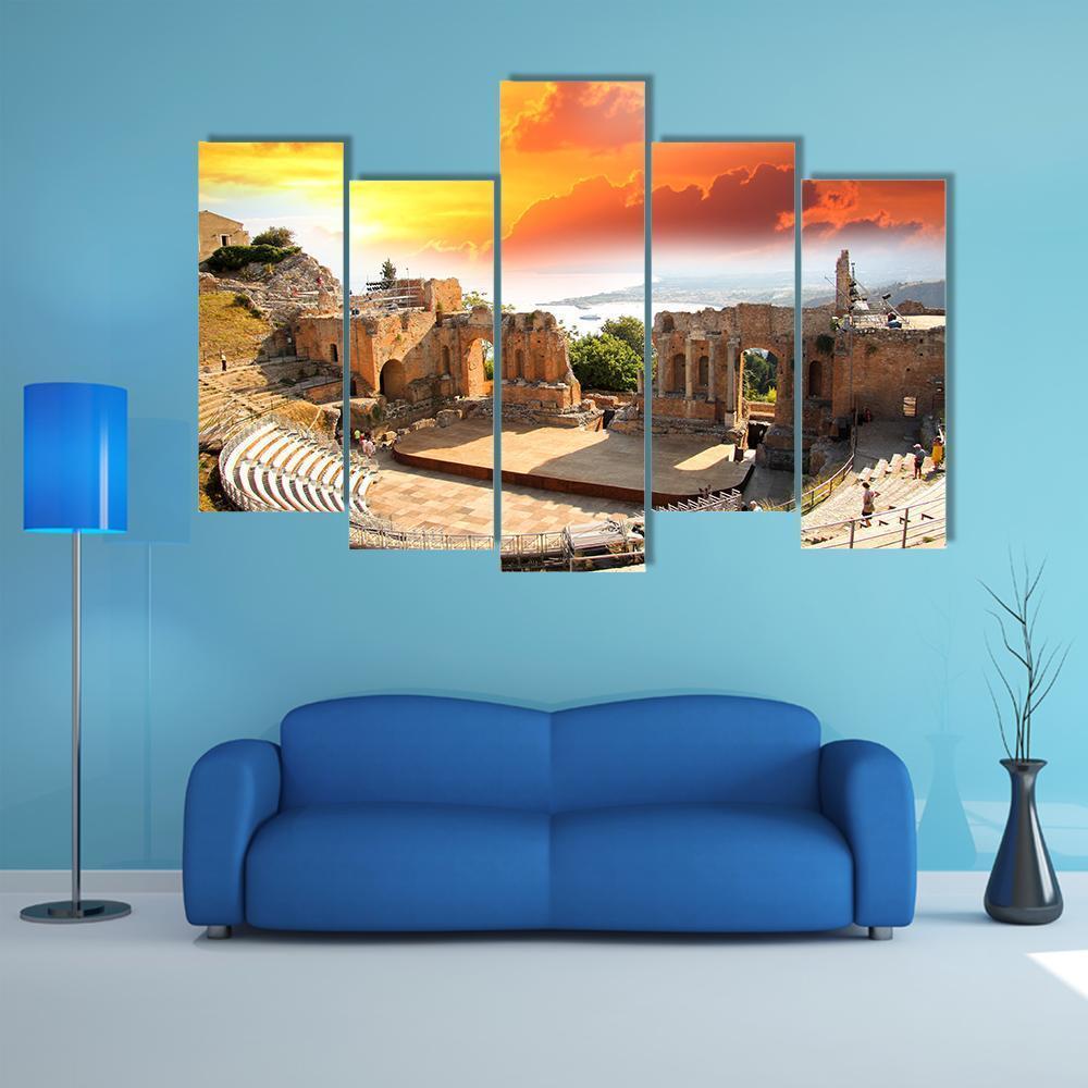 Taormina Theater In Sicily Canvas Wall Art-5 Pop-Gallery Wrap-47" x 32"-Tiaracle