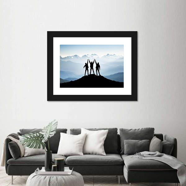 Team On Mountain Top Canvas Wall Art-1 Piece-Framed Print-20" x 16"-Tiaracle