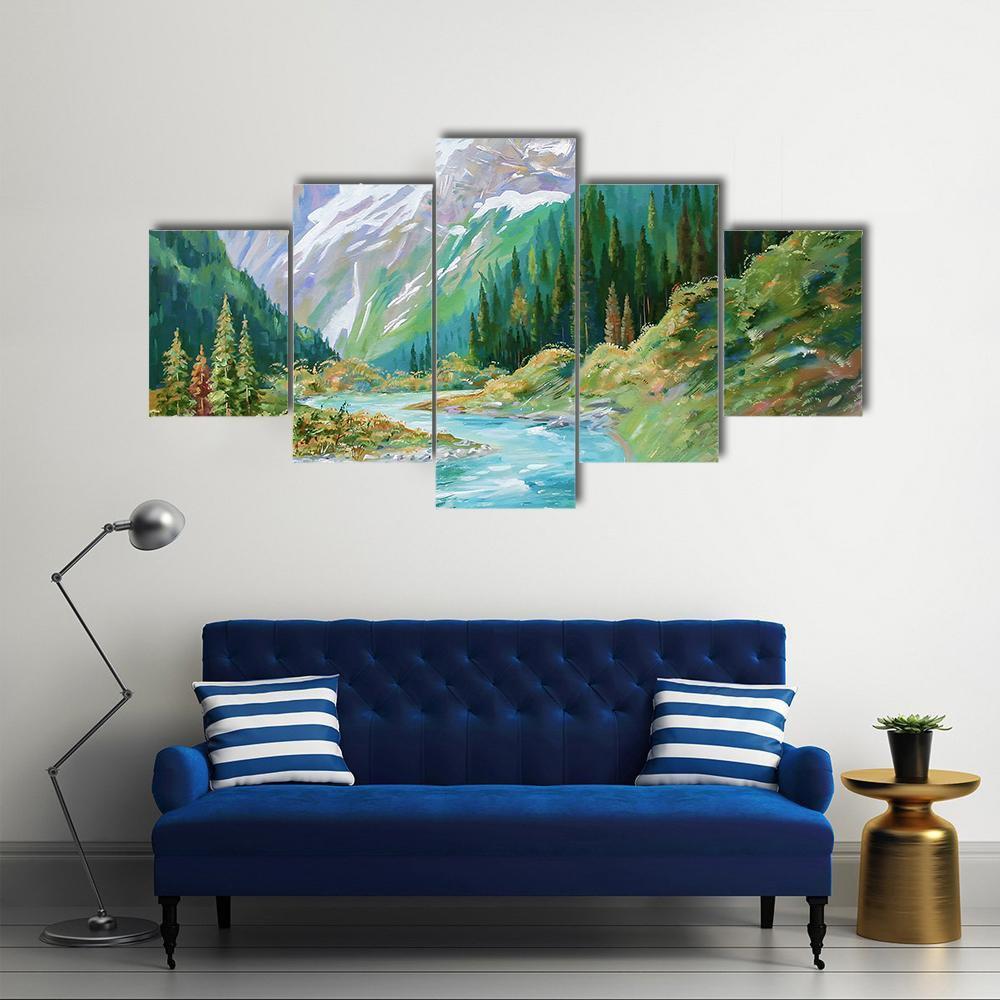 Teberda River In Gorge Of The Caucasus Mountains Canvas Wall Art-5 Star-Gallery Wrap-62" x 32"-Tiaracle
