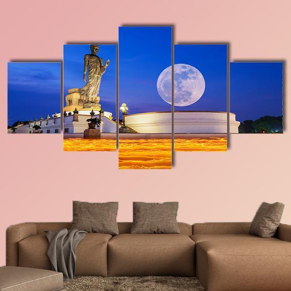 Temple To The Buddha With Full Moon In Thailand Canvas Wall Art-5 Star-Gallery Wrap-62" x 32"-Tiaracle
