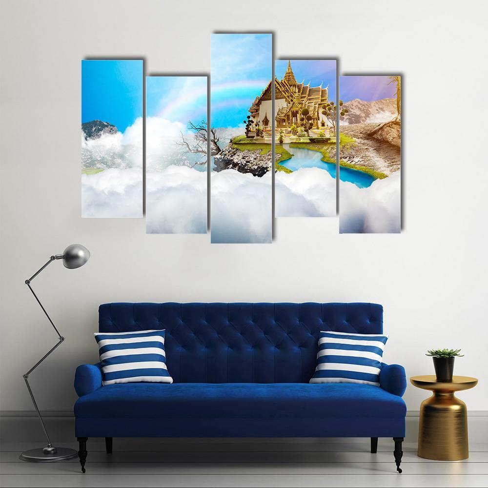 Temple With Cloudy Sky & Lake Canvas Wall Art-5 Pop-Gallery Wrap-47" x 32"-Tiaracle