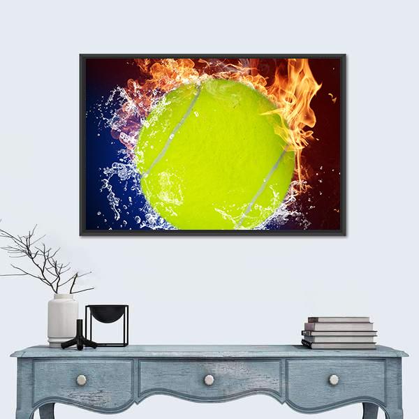 Tennis Ball In Fire Flames And Splashing Water Canvas Wall Art-5 Horizontal-Gallery Wrap-22" x 12"-Tiaracle