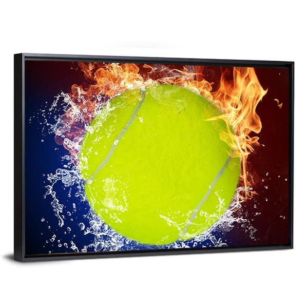 Tennis Ball In Fire Flames And Splashing Water Canvas Wall Art-5 Horizontal-Gallery Wrap-22" x 12"-Tiaracle