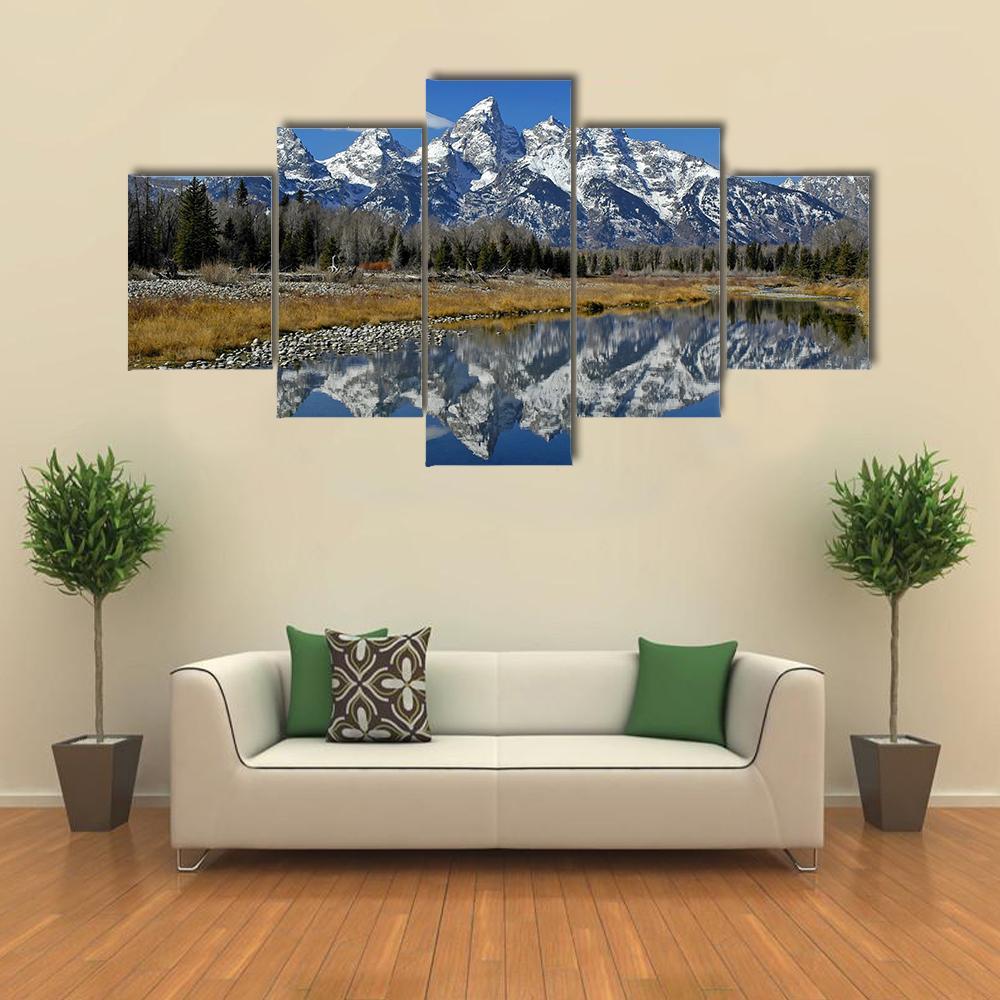 Teton Mountain Range Canvas Wall Art-5 Star-Gallery Wrap-62" x 32"-Tiaracle
