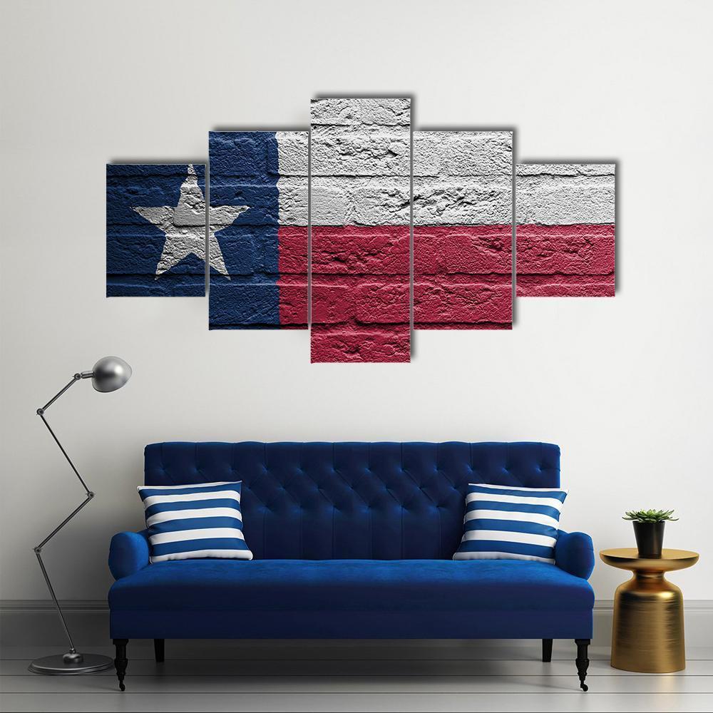 Texas Flag On Brick Wall Canvas Wall Art-5 Star-Gallery Wrap-62" x 32"-Tiaracle