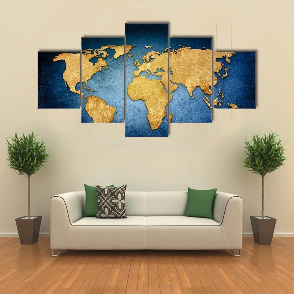Textured World Map Canvas Wall Art-5 Star-Gallery Wrap-62" x 32"-Tiaracle