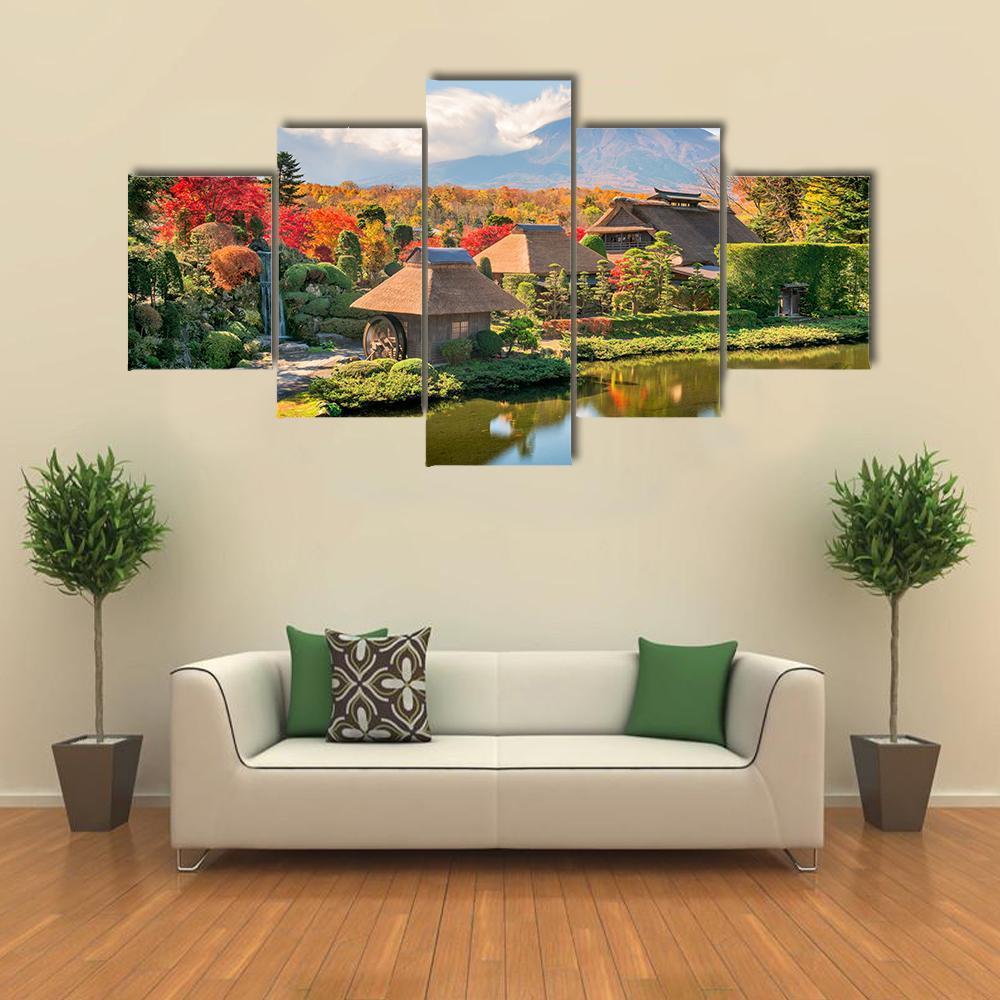 Thatch Roof Farmhouses With Mt Fuji Canvas Wall Art-5 Star-Gallery Wrap-62" x 32"-Tiaracle