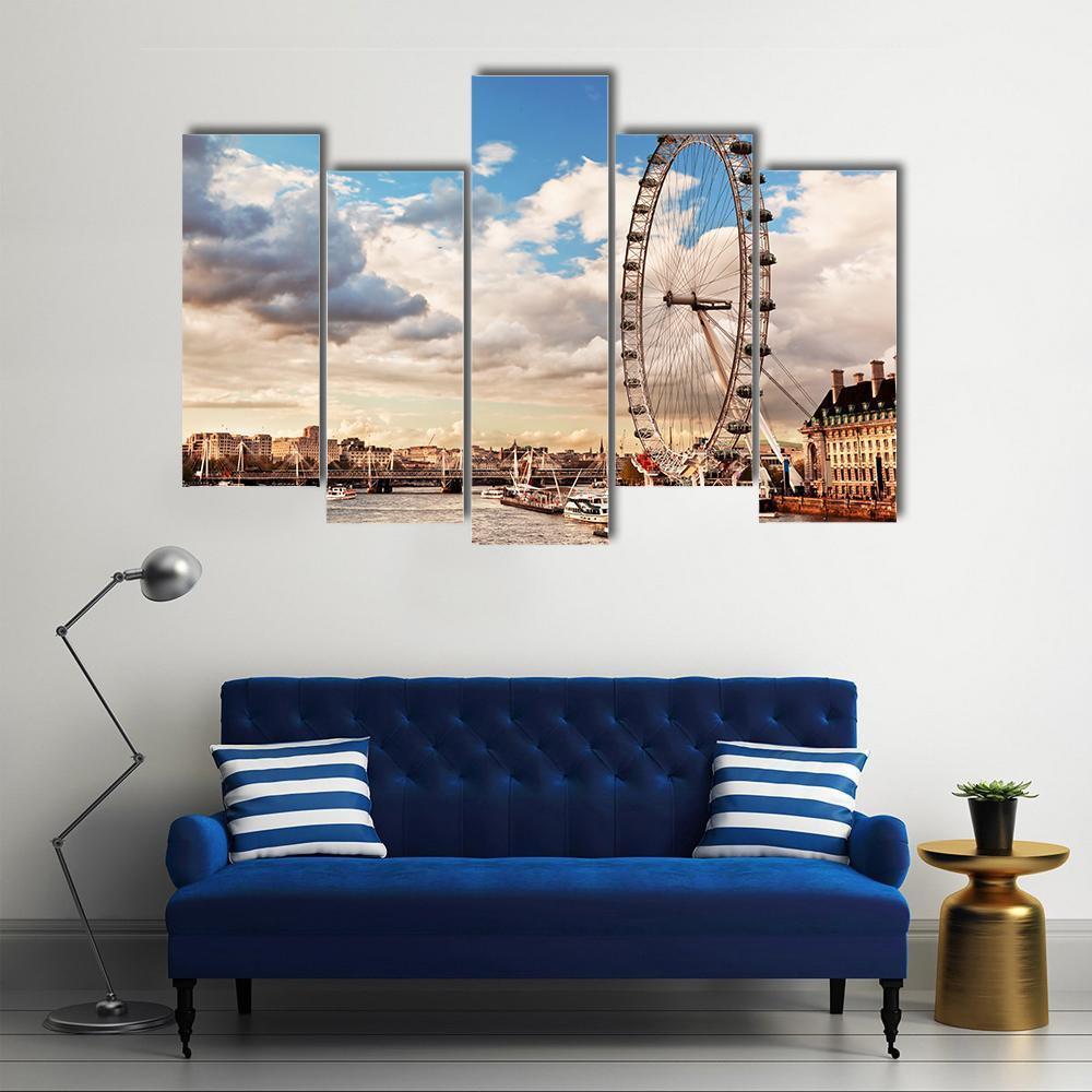 London Eye In Evening Canvas Wall Art-5 Pop-Gallery Wrap-47" x 32"-Tiaracle