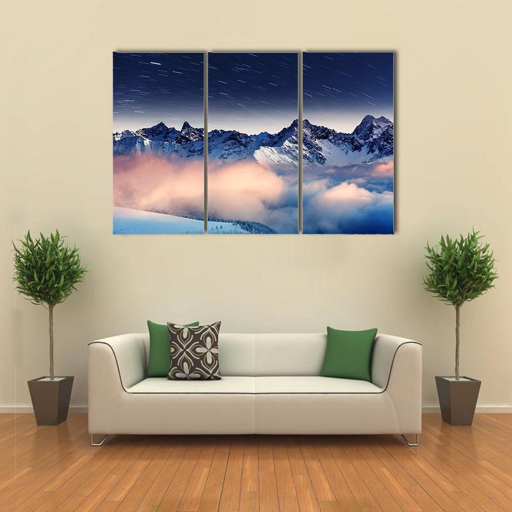 The Milky Way Over Winter Mountains Landscape Canvas Wall Art-3 Horizontal-Gallery Wrap-37" x 24"-Tiaracle