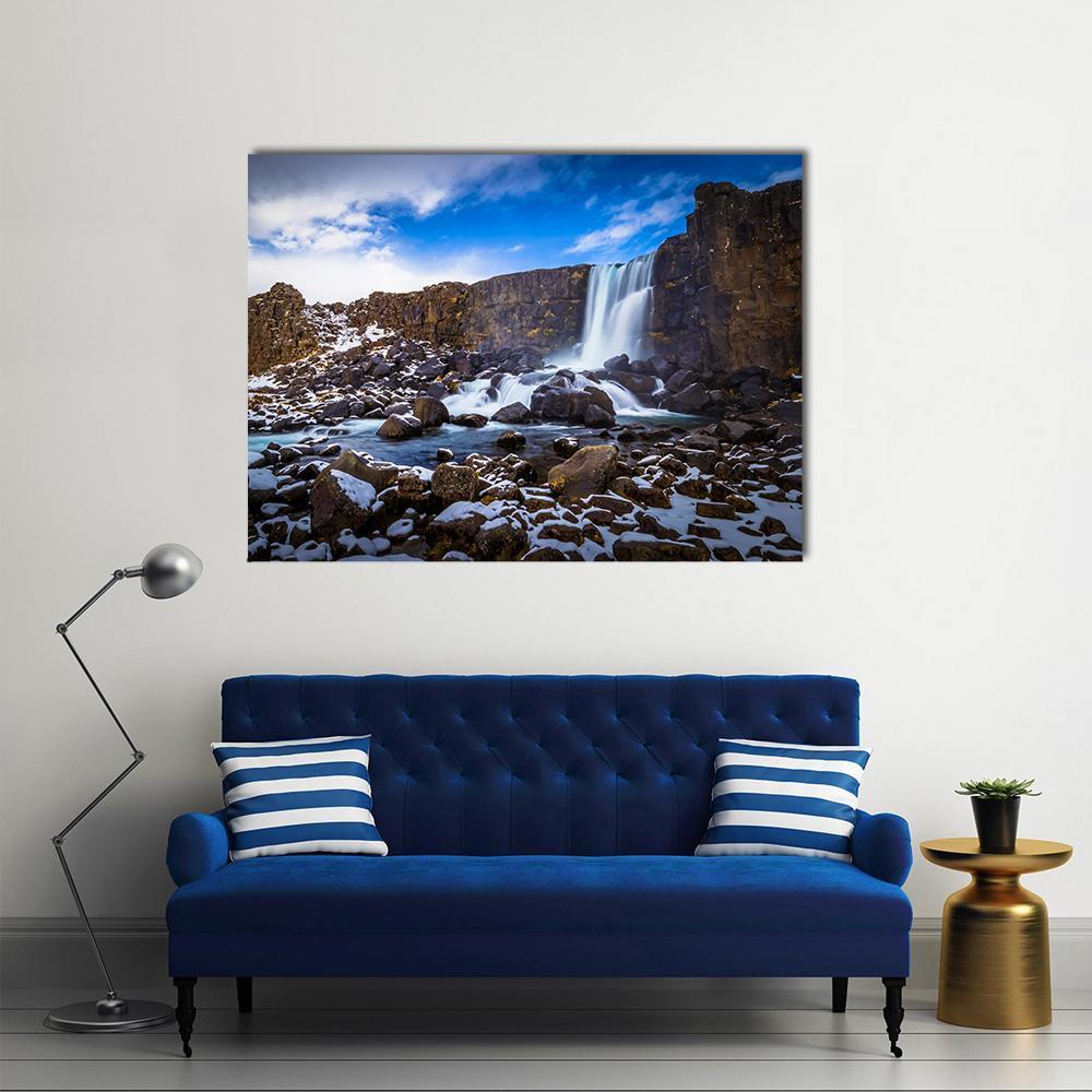 The Oxararfoss Waterfall Canvas Wall Art-1 Piece-Gallery Wrap-36" x 24"-Tiaracle
