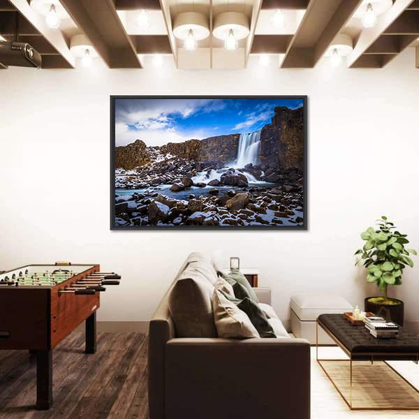 The Oxararfoss Waterfall Canvas Wall Art-3 Horizontal-Gallery Wrap-25" x 16"-Tiaracle