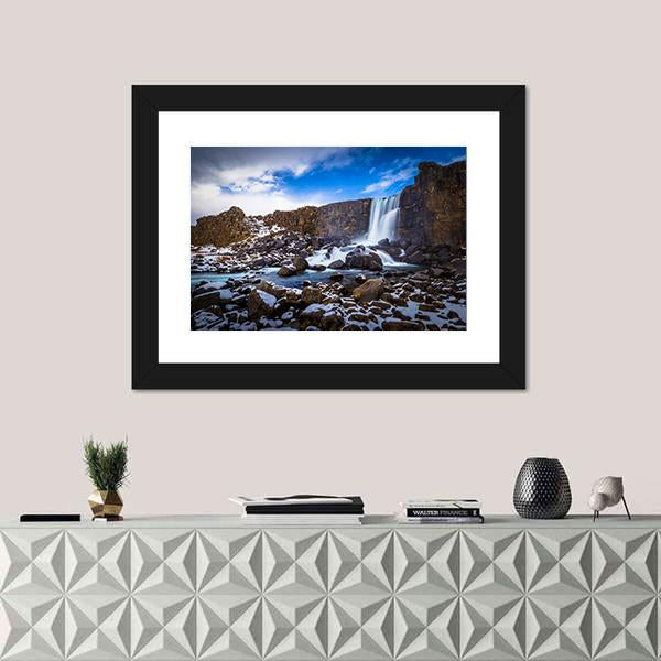 The Oxararfoss Waterfall Canvas Wall Art-3 Horizontal-Gallery Wrap-25" x 16"-Tiaracle