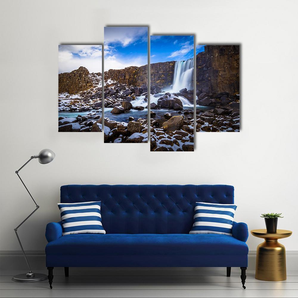 The Oxararfoss Waterfall Canvas Wall Art-4 Pop-Gallery Wrap-50" x 32"-Tiaracle