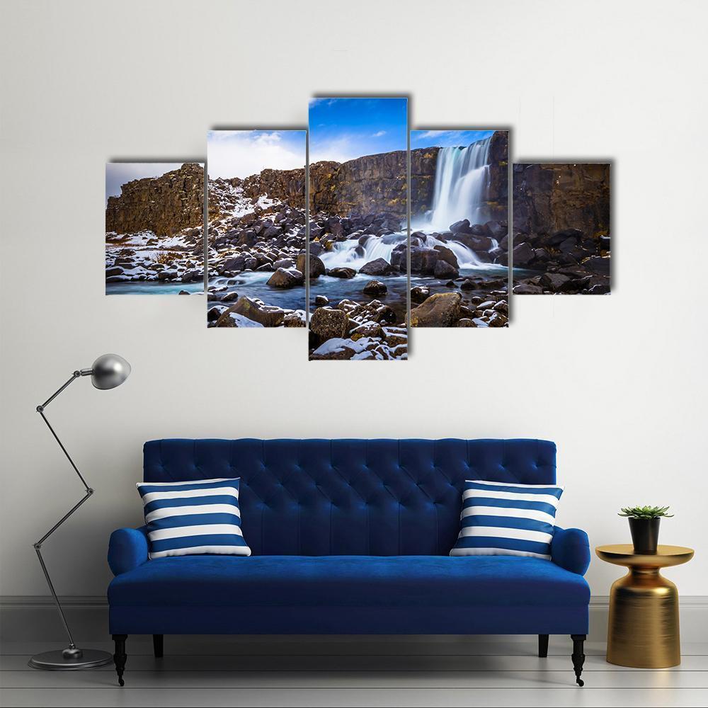 The Oxararfoss Waterfall Canvas Wall Art-5 Star-Gallery Wrap-62" x 32"-Tiaracle