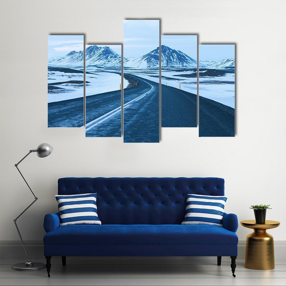 Road Through Snow Capped Mountains Canvas Wall Art-5 Pop-Gallery Wrap-47" x 32"-Tiaracle