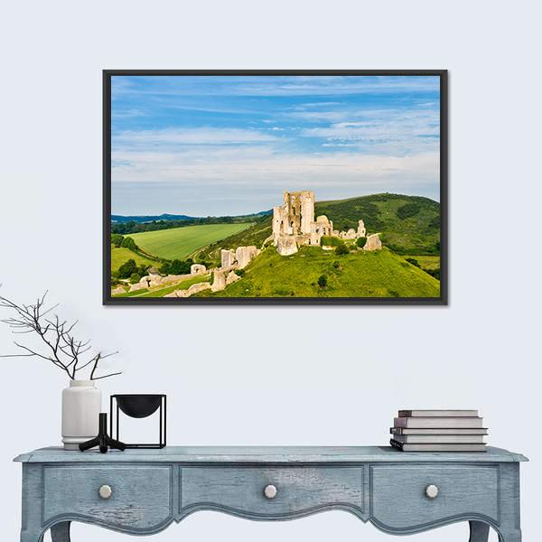 Ruins Of Corfe Castle Canvas Wall Art-3 Horizontal-Gallery Wrap-25" x 16"-Tiaracle