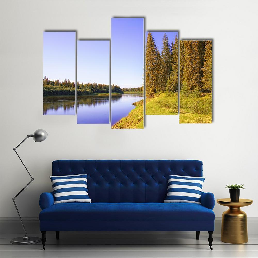 The Shore Of Taiga River Canvas Wall Art-5 Pop-Gallery Wrap-47" x 32"-Tiaracle