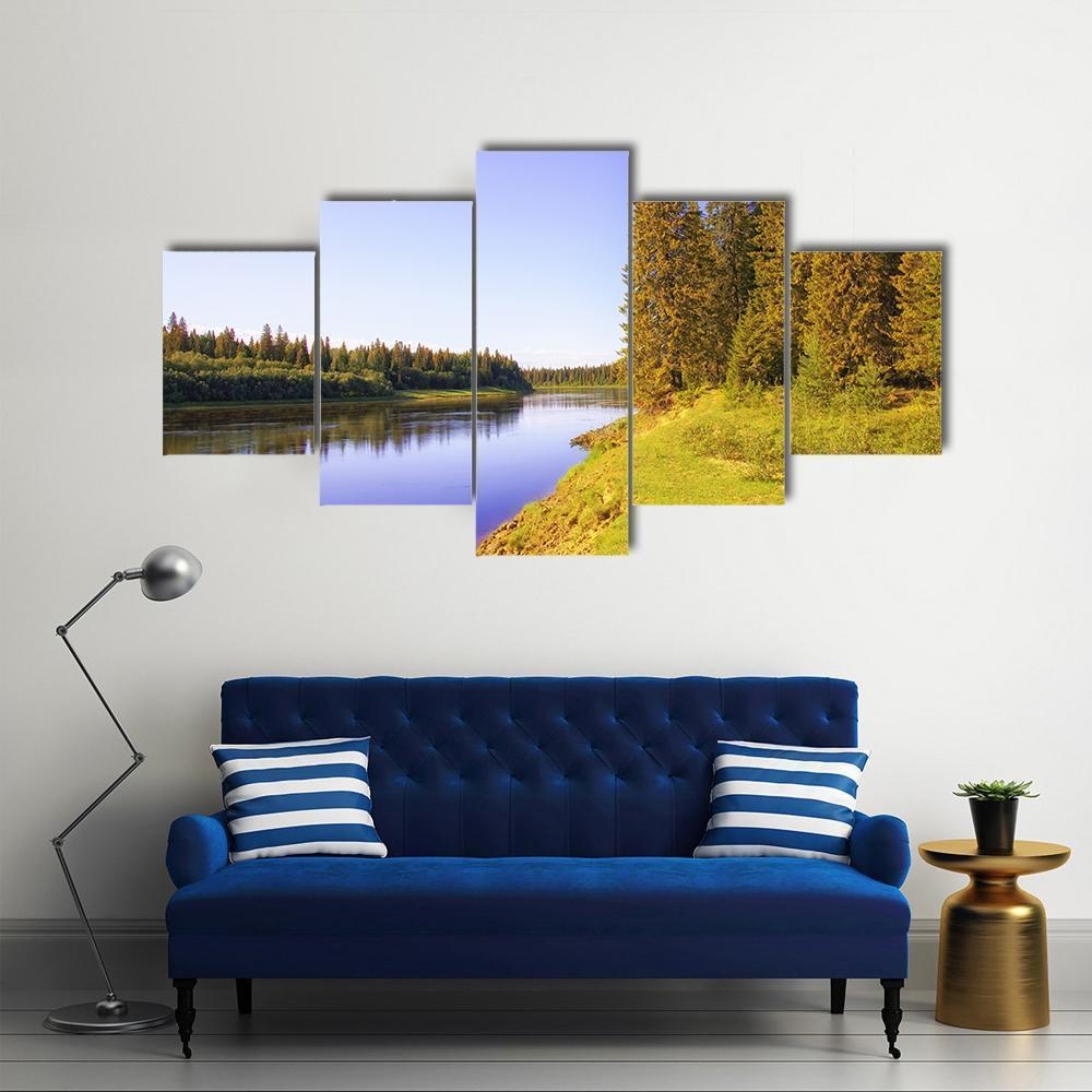 The Shore Of Taiga River Canvas Wall Art-5 Star-Gallery Wrap-62" x 32"-Tiaracle