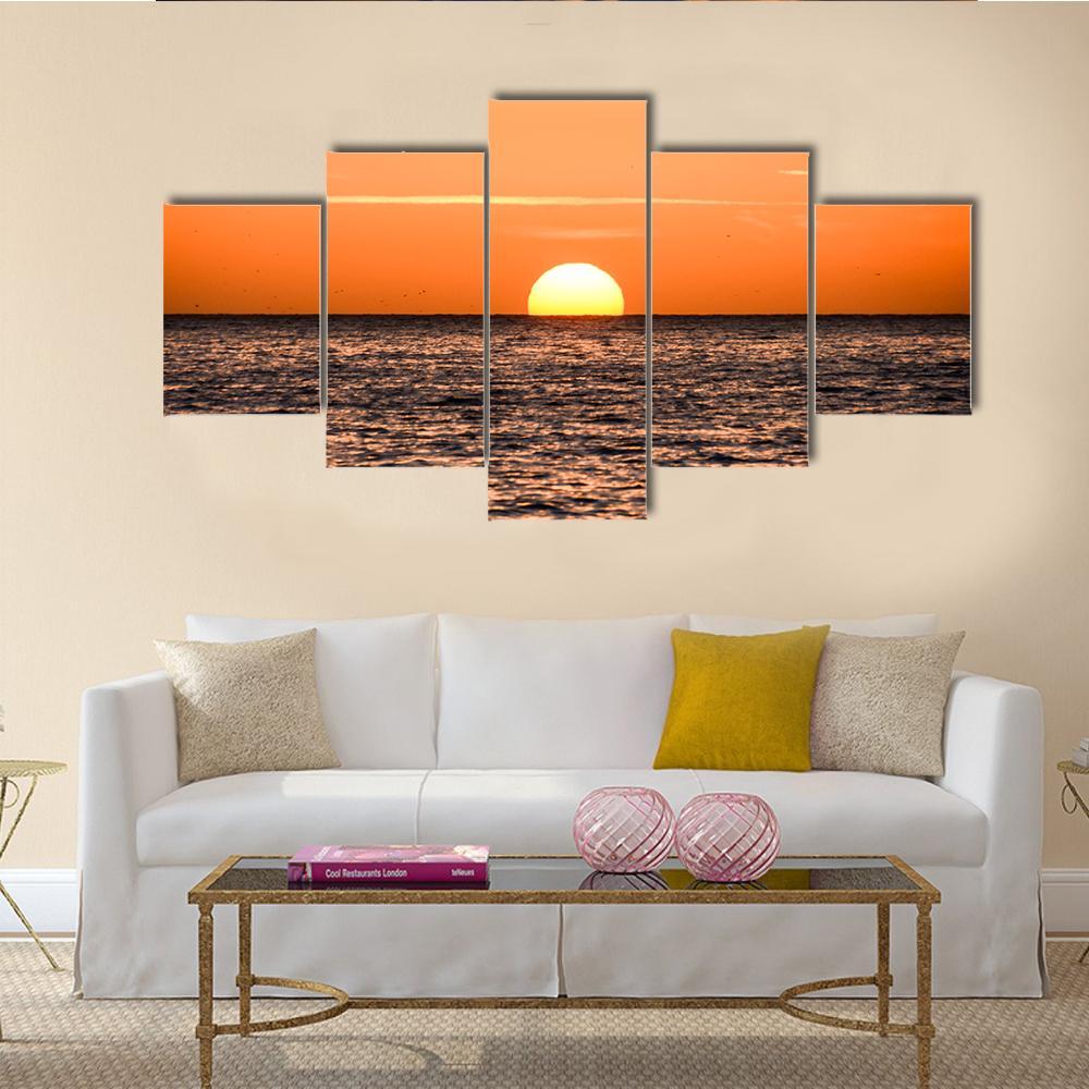 The Sun Setting In Sea Canvas Wall Art-5 Star-Gallery Wrap-62" x 32"-Tiaracle