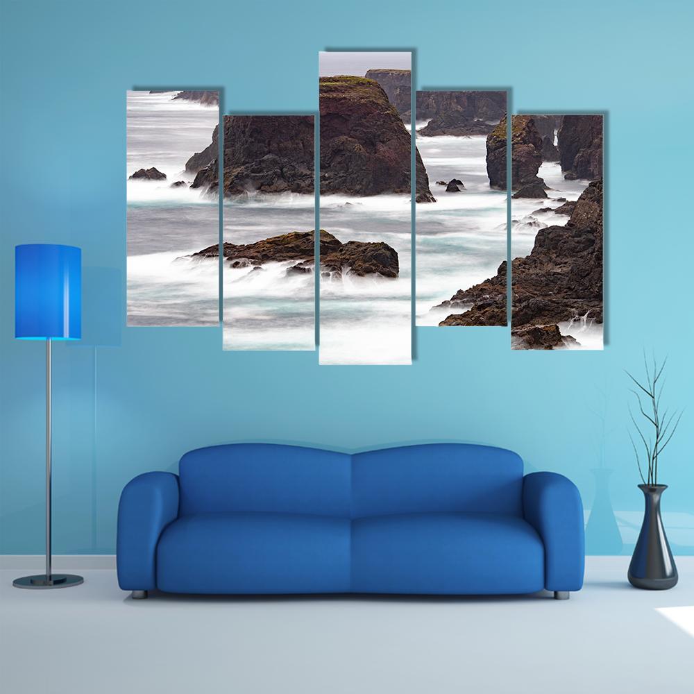 Wild Atlantic Ocean Crashes Against The Sea Canvas Wall Art-5 Pop-Gallery Wrap-47" x 32"-Tiaracle