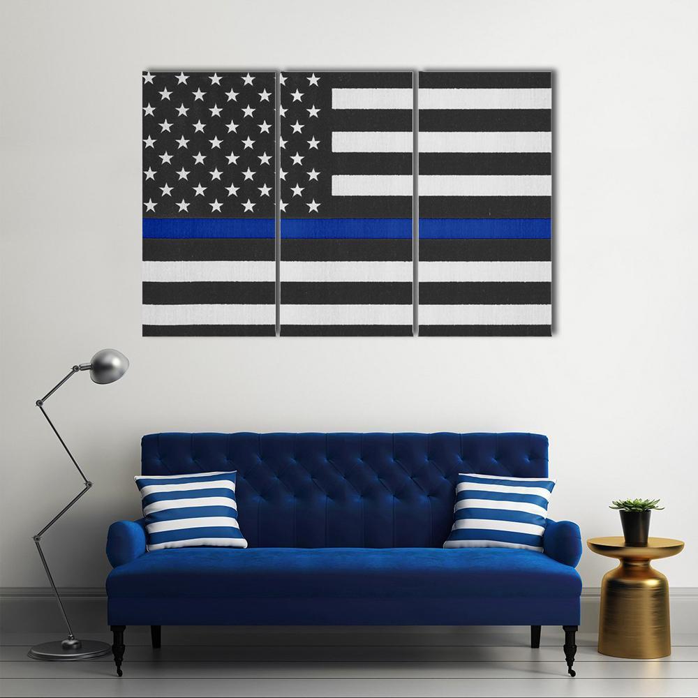 Thin Blue Line American Police Flag Canvas Wall Art-3 Horizontal-Gallery Wrap-37" x 24"-Tiaracle