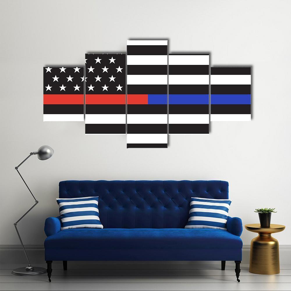 Thin Blue Line & Red Line American Flag Canvas Wall Art-5 Star-Gallery Wrap-62" x 32"-Tiaracle