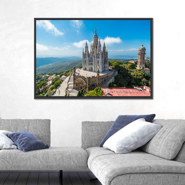 Tibidabo Church On Mountain Canvas Wall Art-1 Piece-Floating Frame-24" x 16"-Tiaracle