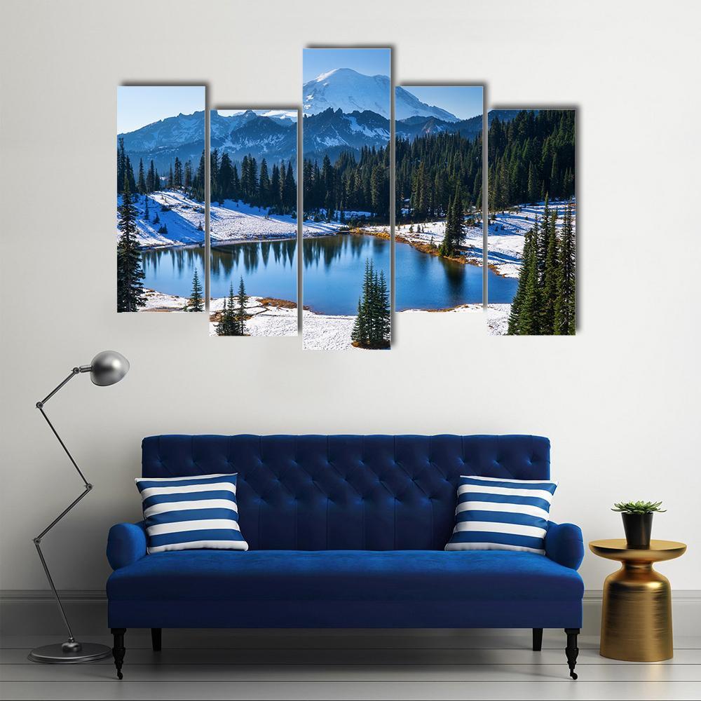 Tipsoo Lake In Winter Canvas Wall Art-5 Pop-Gallery Wrap-47" x 32"-Tiaracle