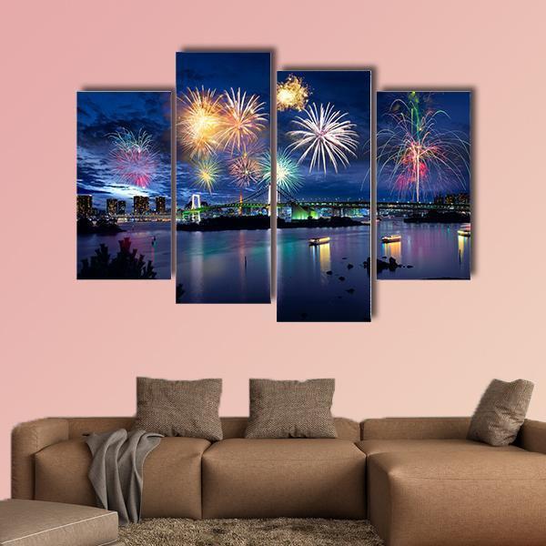 Fireworks On Tokyo Bay Canvas Wall Art-4 Pop-Gallery Wrap-50" x 32"-Tiaracle