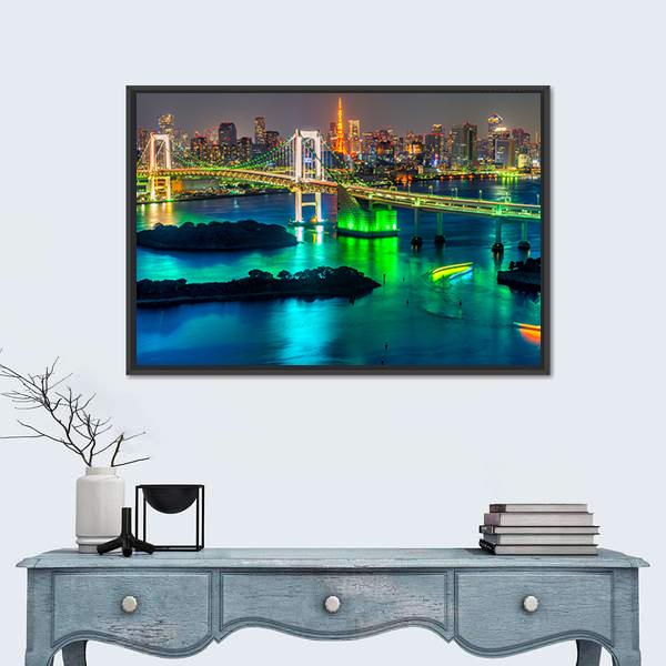 Tokyo Tower & Rainbow Bridge Canvas Wall Art-3 Horizontal-Gallery Wrap-25" x 16"-Tiaracle