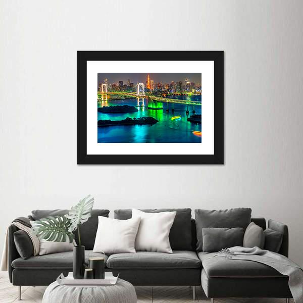 Tokyo Tower & Rainbow Bridge Canvas Wall Art-1 Piece-Framed Print-20" x 16"-Tiaracle