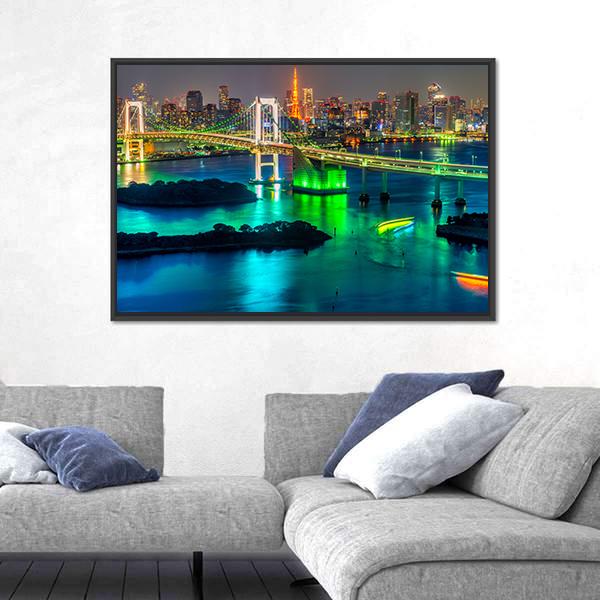 Tokyo Tower & Rainbow Bridge Canvas Wall Art-1 Piece-Floating Frame-24" x 16"-Tiaracle