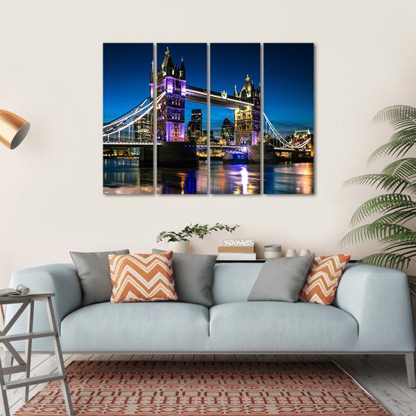 Tower Bridge At Night Canvas Wall Art-4 Horizontal-Gallery Wrap-34" x 24"-Tiaracle