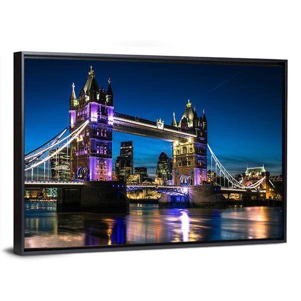 Tower Bridge At Night Canvas Wall Art-3 Horizontal-Gallery Wrap-25" x 16"-Tiaracle
