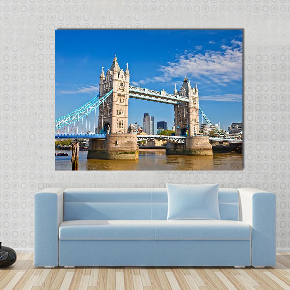 Tower Bridge In London Under Blue Sky Canvas Wall Art-1 Piece-Gallery Wrap-48" x 32"-Tiaracle