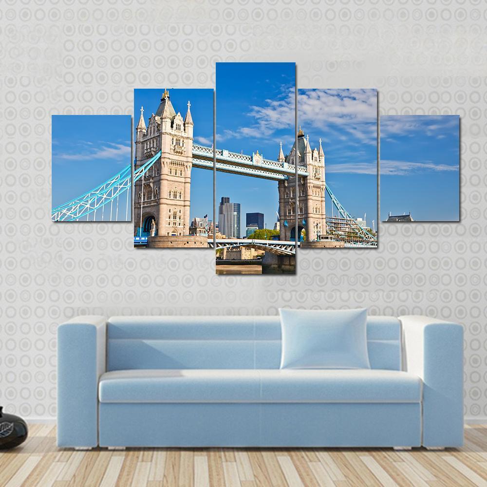 Tower Bridge In London Under Blue Sky Canvas Wall Art-5 Star-Gallery Wrap-62" x 32"-Tiaracle
