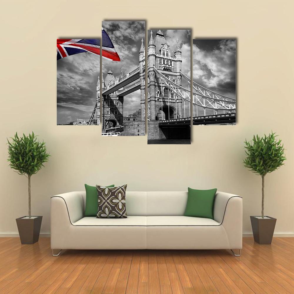 Tower Bridge London In Black & White Canvas Wall Art-4 Pop-Gallery Wrap-34" x 20"-Tiaracle