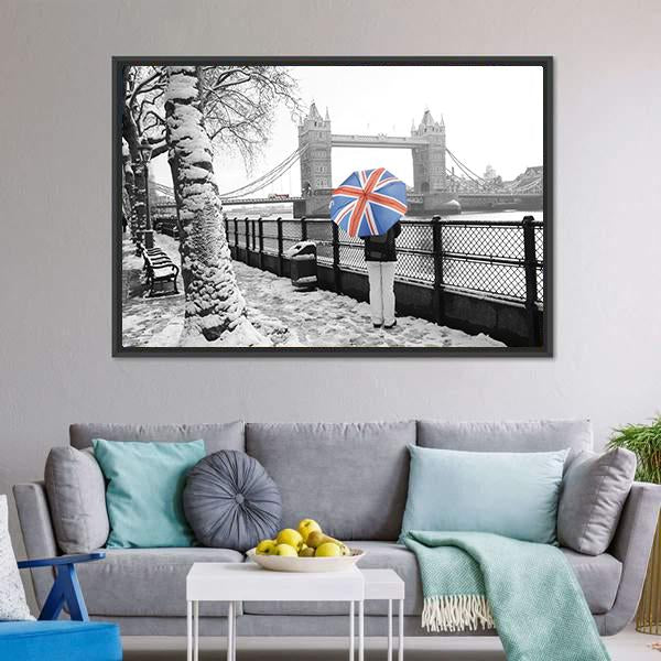 Tower Bridge On Snowy Day Canvas Wall Art-3 Horizontal-Gallery Wrap-25" x 16"-Tiaracle
