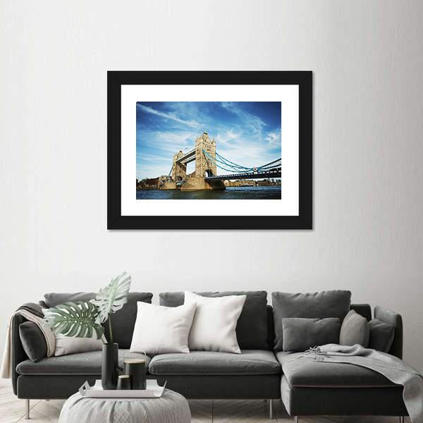 Tower Bridge Under Cloudy Sky Canvas Wall Art-1 Piece-Framed Print-20" x 16"-Tiaracle
